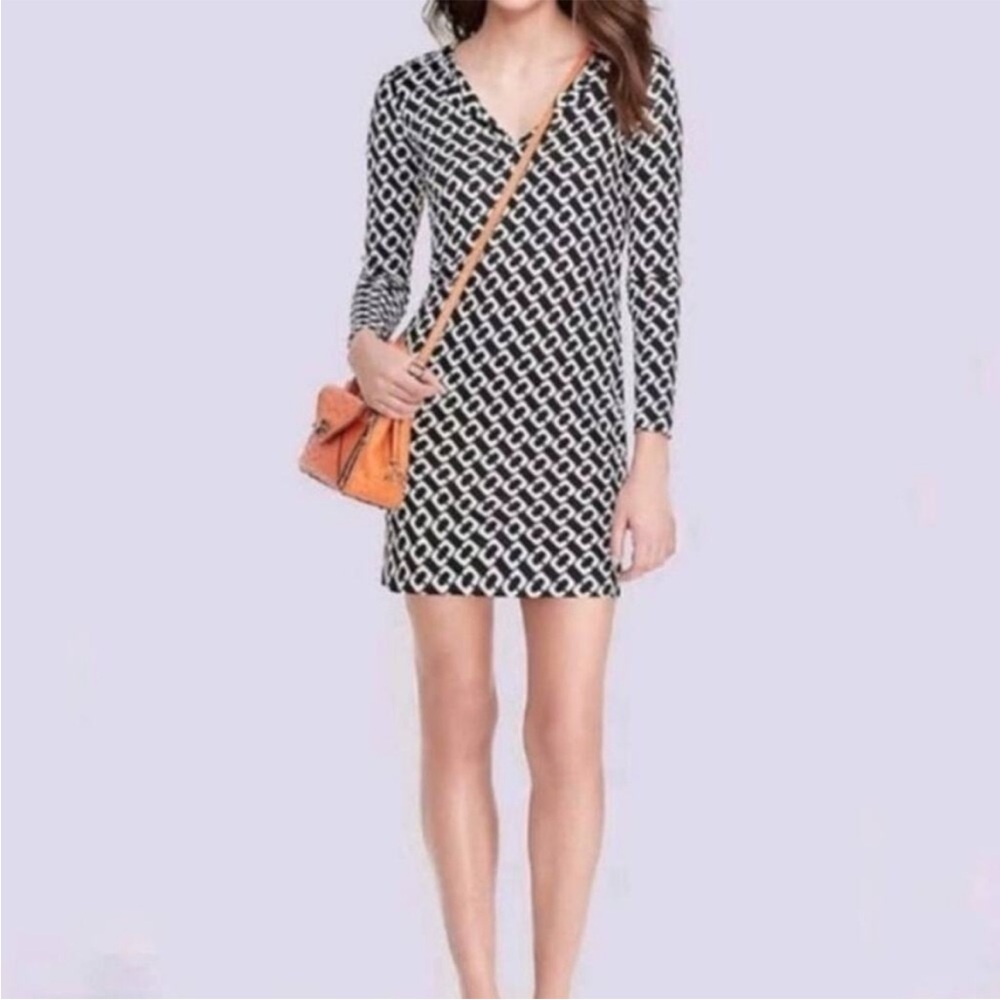 Diane Von Furstenberg Reina Silk Chain Link Shift Dress Black White Size 8